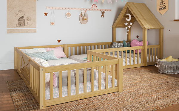 English Elm Twin House Floor Bed with Door & Full-Length Guardrails, Solid Wood Twin Loft Alternative for Kids Natural W1580P327129