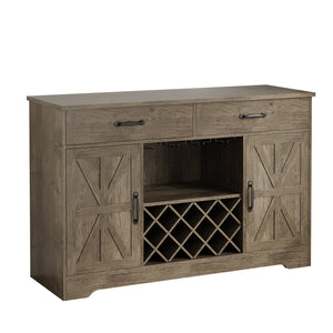 English Elm Coffee Bar Buffet Sideboard with Wine Rack Stemware Holder and Drawers in Oak Gray T3773P417369