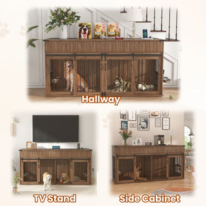 English Elm 71'' Walnut Woodgrain Dog Kennel Cabinet with Fluted Drawers and Built-in Power Station W5216S00002