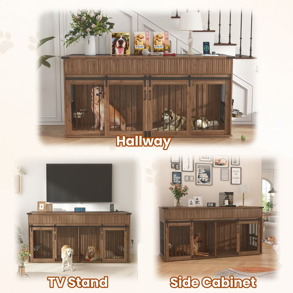 English Elm 71'' Walnut Woodgrain Dog Kennel Cabinet with Fluted Drawers and Built-in Power Station W5216S00002