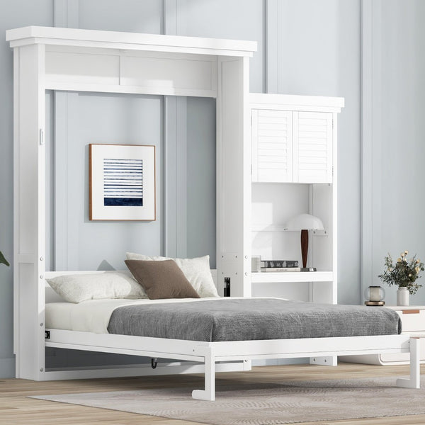 English Elm Queen Size Murphy Bed With Stylish Louvered Design, Multi-Storage Shelves, And Elegant White Finish N7090004018K-GIGA