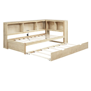 English Elm Twin Size Daybed with Trundle, Built-In Storage Cabinets, Curved Details and Dual USB Ports for Small Spaces Wood GX000353AAD