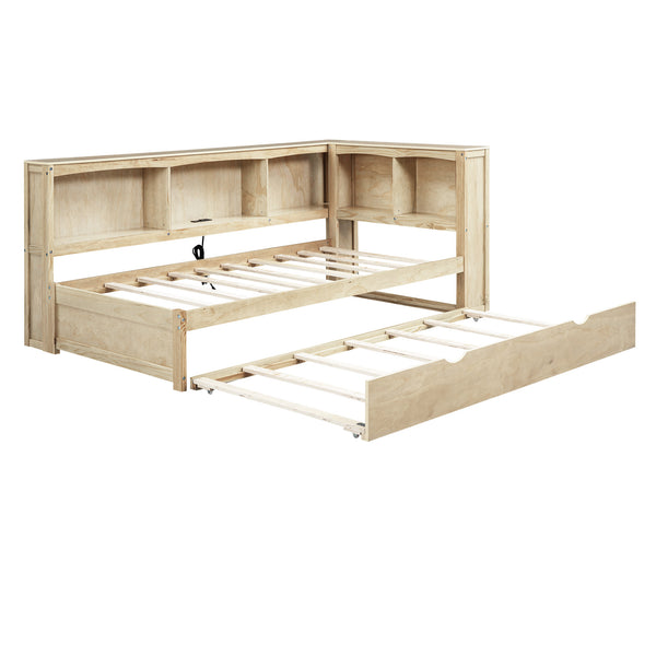 English Elm Twin Size Daybed with Trundle, Built-In Storage Cabinets, Curved Details and Dual USB Ports for Small Spaces Wood GX000353AAD