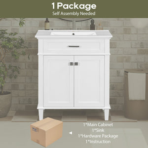 English Elm 30-inch bathroom vanity with ceramic basin, solid wood frame, soft-close doors and adjustable shelves for organized style and lasting durability White N729P173380K