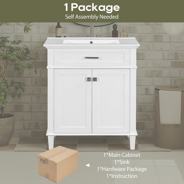 English Elm 30-inch bathroom vanity with ceramic basin, solid wood frame, soft-close doors and adjustable shelves for organized style and lasting durability White N729P173380K