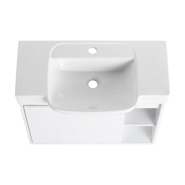 English Elm 28'' Floating Bathroom Vanity with Ceramic Sink Soft Close Door Melamine Cabinet Glossy White W999P426642