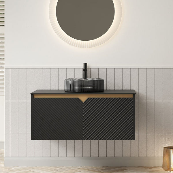 English Elm Dina Floating Bathroom Vanity Sintered Stone Top Glass Basin Striped Plywood Cabinet W2615S00553