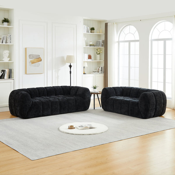 English Elm Chenille Cloud Sofa Quilted Checkered Seat Pure Foam Deep Cushion Contemporary Living Room Black W834S00640