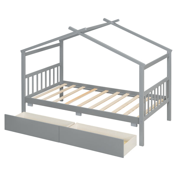 English Elm Twin House Bed Solid Pine Kids Cottage Frame with Storage Drawers Imaginative Room Gray N708P309245E