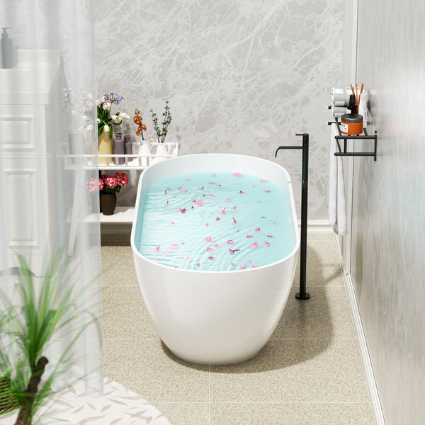 English Elm 63" Oval Freestanding Soaking Tub Solid Surface Resin Spa Bathtub Glossy White W1920P389662