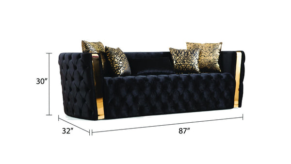 English Elm Button Naomi Velvet Tufted Sofa in Black with Gold Accents, High-Density Foam, Spring Support, Luxe Pillows G150109207