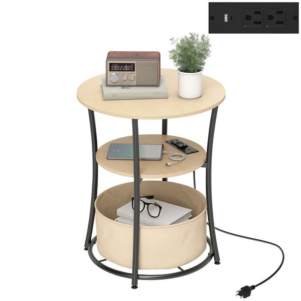 English Elm Coffee Round End Table 3 Tier with Built-in Charging Station Natural Wood Steel Frame T3971P390441