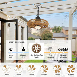 English Elm Waterproof Outdoor Ceiling Fan with Lights Remote Control, Brown Iron+Plastic, Dimmable LED, 6-Speed W2738P242334