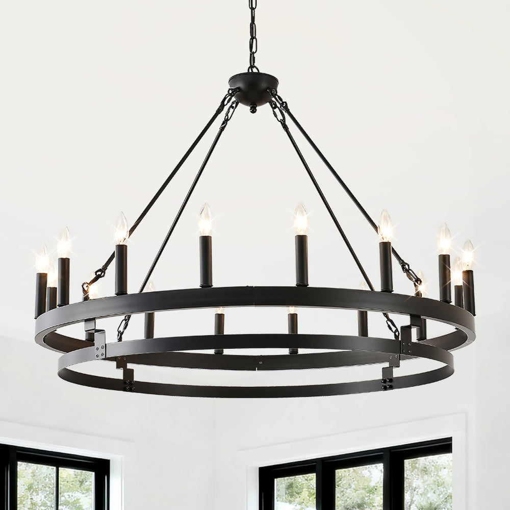 English Elm 39 Inch Matte Black Wagon Wheel Chandelier 16 Candelabra Lights Farmhouse Dining W5008P392763