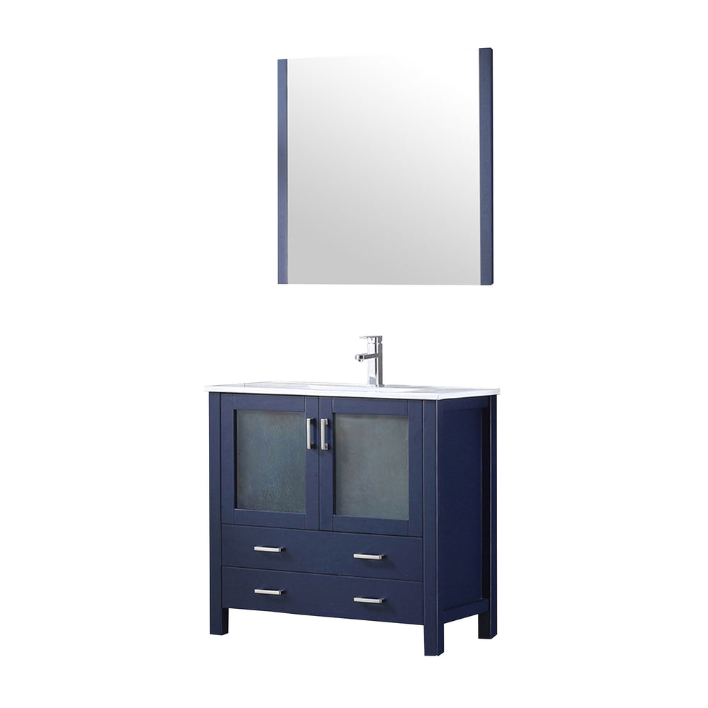 English Elm Navy Blue Bath Vanity Set With White Ceramic Top, Chrome Faucet & Matching 34" Mirror For Style Upgrade B2731S01290