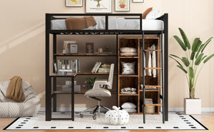 English Elm Full Full Size Metal Loft Bed with Built-In Desk, Wardrobe & Shelves in Black — Space-Saving, Sturdy Design (Fits 6" Mattress) GX001134AAB