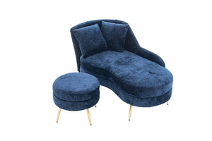 English Elm 58'' Chenille Chaise Lounge with Footstool Pocket Spring Comfort for Bedroom Living Room Blue W2363S00090