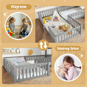 English Elm Twin House Floor Bed with Door and Full-Length Guardrails, Solid Wood Double Twin Floor Bed for Kids' Playful Rooms Grey W1580P354638