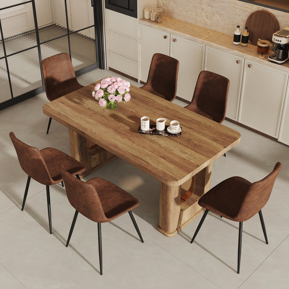 English Elm Table and Chair Set Seats Six with Wood Grain Top and Upholstered Brown W1151S03575