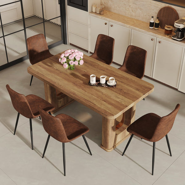 English Elm Table and Chair Set Seats Six with Wood Grain Top and Upholstered Brown W1151S03575