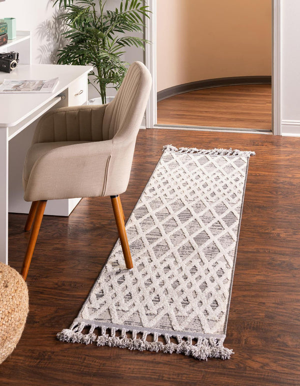 Unique Loom Arlo Cy Machine Made Tribal Rug Gray, Ivory 2' 7" x 12' 2"