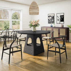 English Elm Round Farmhouse Dining Table 47 Inch Wooden Top with Lower Storage Shelf Seats Six Black W757P367147