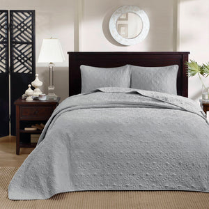 JLA Home Madison Park - 3 Reversible Bedspread Set with Quilted Stitch Texture, Antimicrobial Cotton Fill, Oversized Drapey Elegance Grey MP13-2989