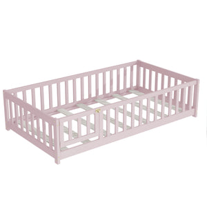 English Elm Twin Solid Rubberwood Floor Bed with Full Perimeter Safety Rails for Toddler Rooms Pink W504P296782