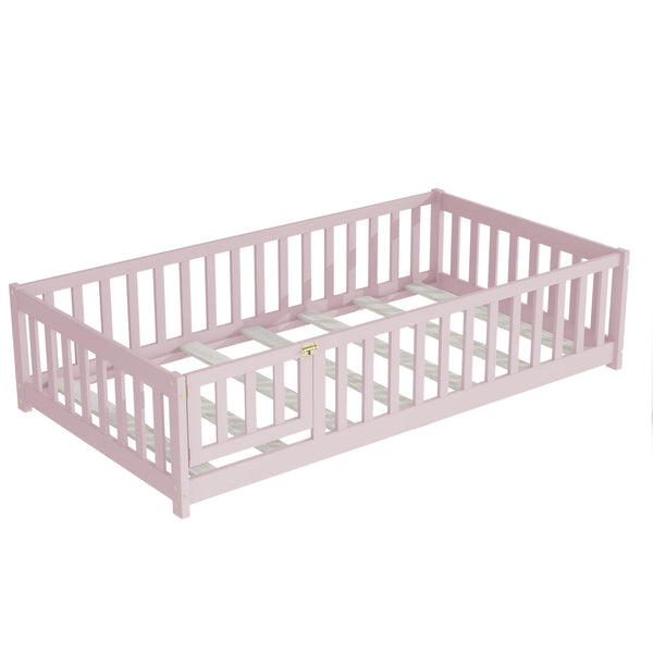 English Elm Twin Solid Rubberwood Floor Bed with Full Perimeter Safety Rails for Toddler Rooms Pink W504P296782