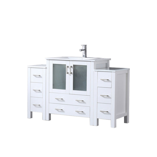English Elm White Single Bath Vanity 54 in W x 18.25 in D with Side Cabinets, White Ceramic Top, Faucet Set, Soft-Close Drawers B2731S01204