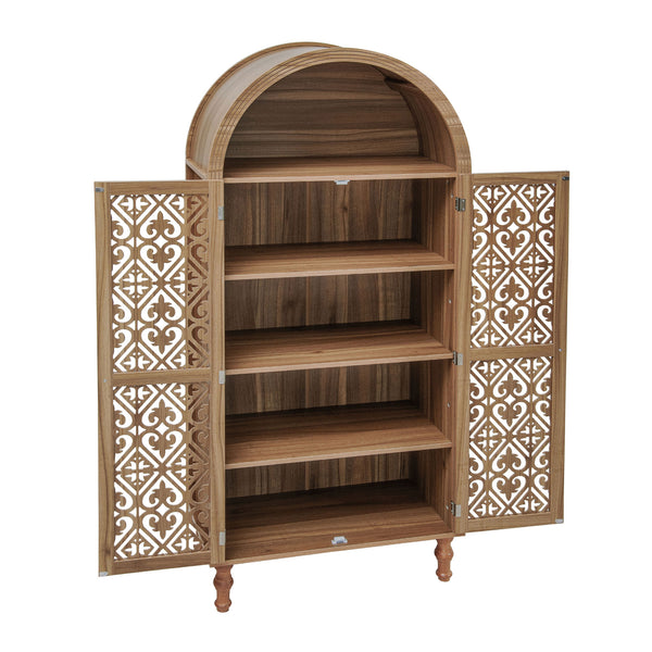 English Elm 70.28" Tall Walnut Pantry Cabinet Lattice Carved Doors Adjustable Shelves Two Drawers W688P303382