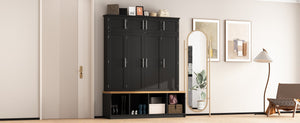 English Elm Wood Entryway Hall Tree with Bench Seating Coat Hooks Shoe Cubbies Cabinet Black W5271S00003