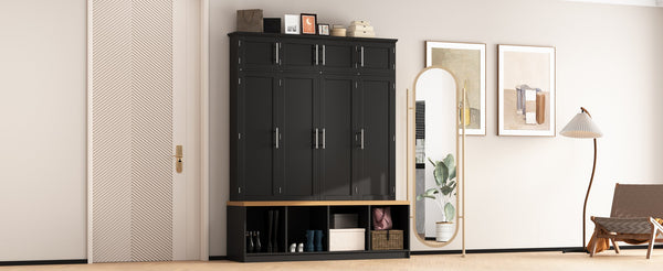 English Elm Wood Entryway Hall Tree with Bench Seating Coat Hooks Shoe Cubbies Cabinet Black W5271S00003