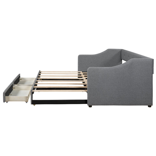 English Elm Twin XL Upholstered Daybed with Two Drawers — Convertible King Sofa Bed, Buttoned Back, Linen Upholstery Gray DL002056AAE