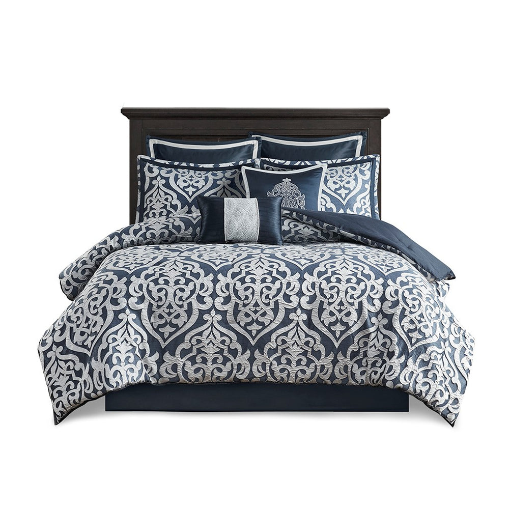 English Elm 8 Piece Jacquard Comforter Set - Navy & Silver Elegance For A Luxurious, Cozy Queen Bedroom Retreat B035128892