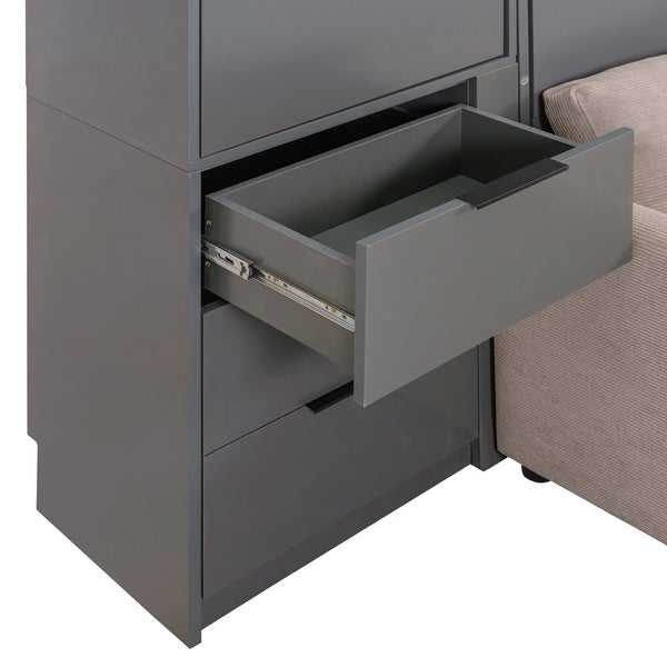 English Elm Queen Murphy Wall Bed Hydraulic Lift Velvet Sofa Built-in Shelves Led Studio Unit Dark Gray LP000392AAE