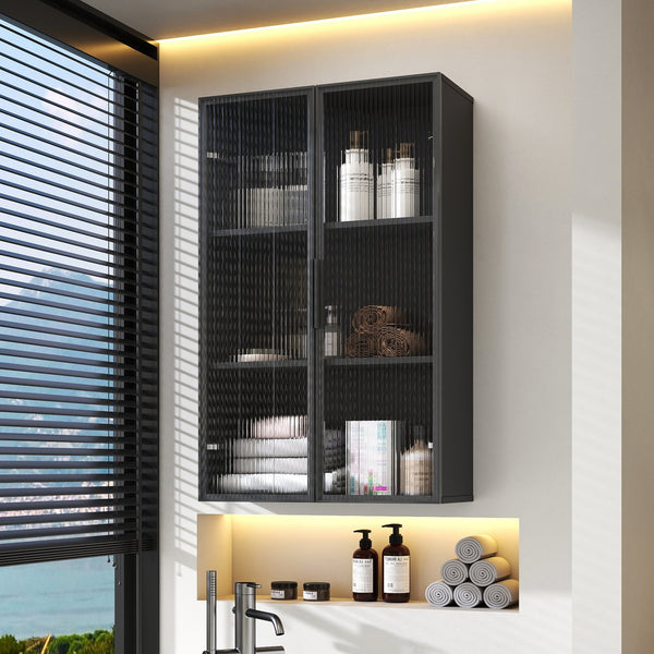 English Elm Wall Mounted Glass Door Cabinet Black Metal Frame Modern Storage for Bath or Kitchen W331P382347