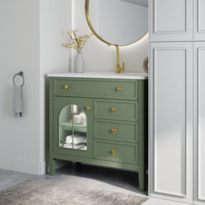 English Elm 35.6" Freestanding Bathroom Vanity with Roman Column Base and Ceramic Integrated Sink Green W1801S00010