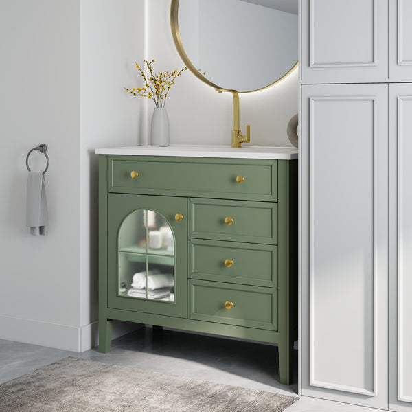 English Elm 35.6" Freestanding Bathroom Vanity with Roman Column Base and Ceramic Integrated Sink Green W1801S00010
