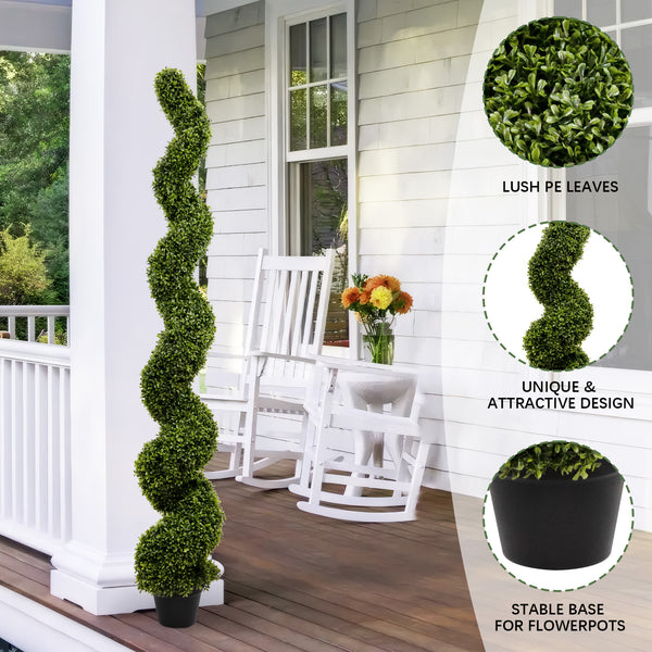 English Elm 6ft Spiral Topiary Faux Boxwood Potted Trees Uv Resistant Outdoor Porch Patio Set of 2 W2945P279013