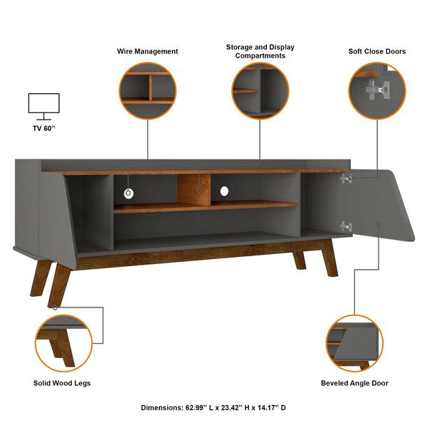 English Elm Marcus 63" TV Stand with Soft-Close Doors and Cable Management, Sturdy MDF Frame & Pine Legs DARK GREY B365P397923