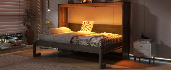 English Elm Twin Size Murphy Bed With Integrated Led Light - Space-Saving Foldable Cabinet For Stylish Living N7090004013D-GIGA