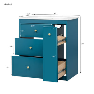 English Elm 30'' Modern Bathroom Vanity With Ceramic Sink, Durable Blue Finish & Ample Storage For Essentials N710P228374C