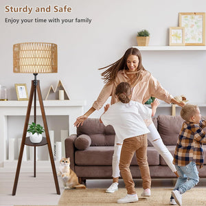 English Elm Boho Rubber Wood Tripod Floor Lamp with Shelves, Dual Rattan & Fabric Shades, Foot Switch Light W2738P185422