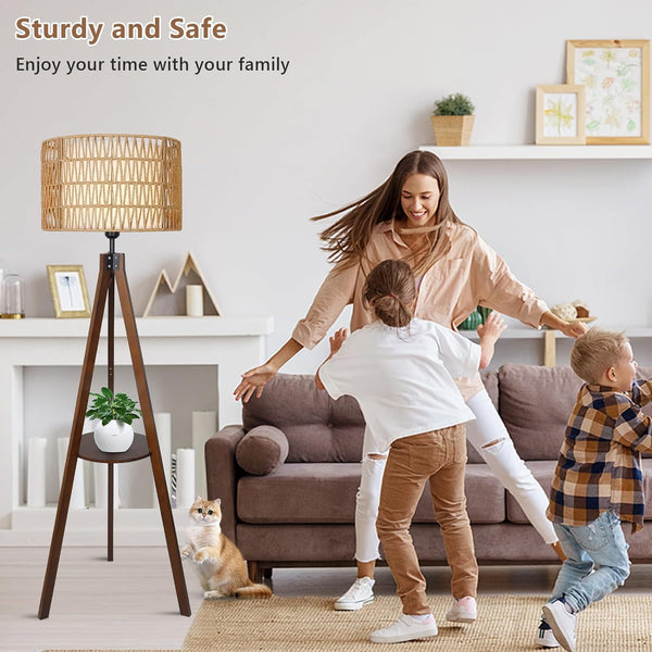 English Elm Boho Rubber Wood Tripod Floor Lamp with Shelves, Dual Rattan & Fabric Shades, Foot Switch Light W2738P185422