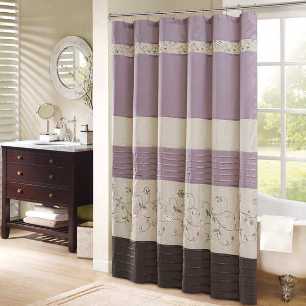 JLA Home Madison Park - Faux Luxurious Embroidered Floral Shower Curtain — Silky Finish, Machine Washable, Boutique Hotel Style Purple MP70-3453