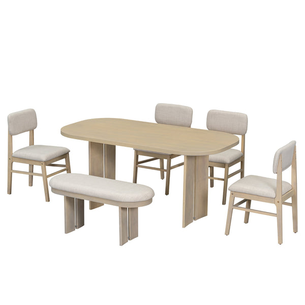 English Elm Topmax Rubberwood Six Piece Dining Set with Bench Linen Upholstered Modern Farmhouse SP000083AAD