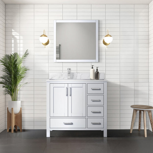 English Elm White 36 in Bath Vanity with Left Carrara Marble Top, Soft-Close Drawers, Chrome Faucet Set B2731P259017