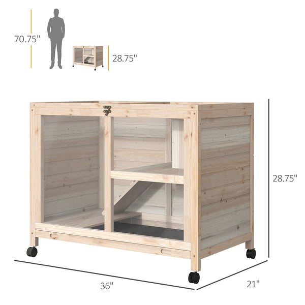 English Elm Bunny Hutch Two Story Fir Wood Pet House with Plexiglass Panel and Rolling Wheels T3971P436217