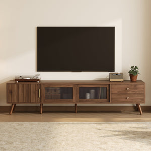English Elm 76" Modern Minimal TV Stand with Waveform Glass Doors, Soft-Close Drawers, Cable Management, Solid Wood Legs (Fits TVs up to 85") N710P298234P